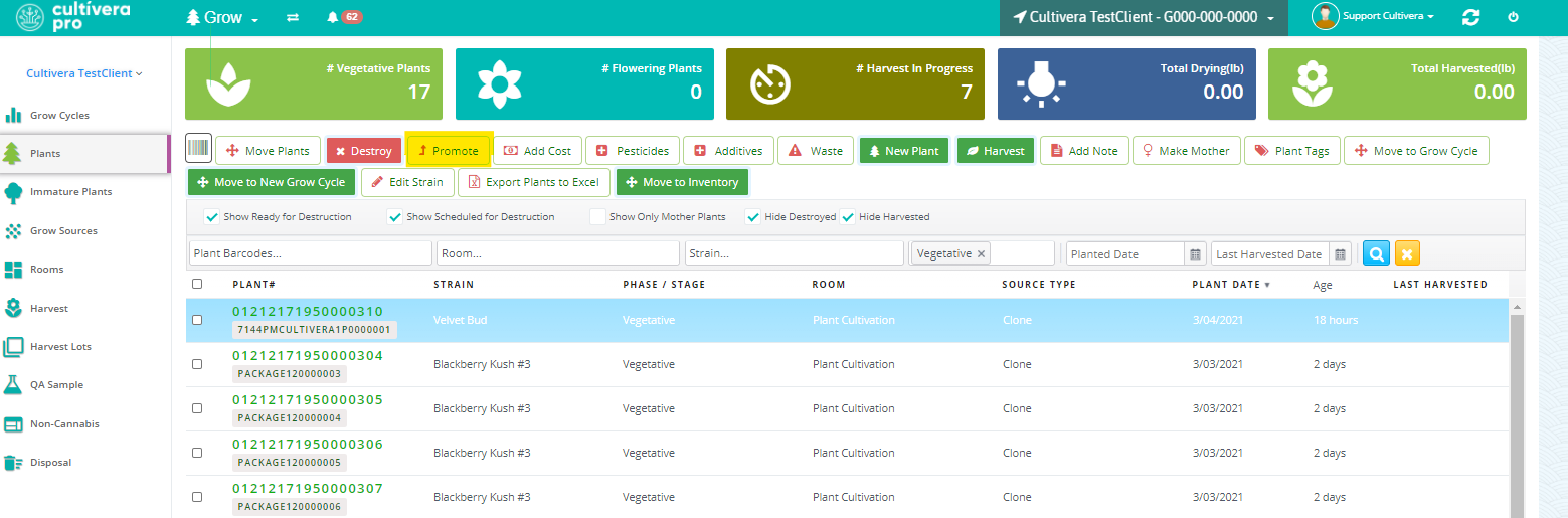 screenshot of cultivera pro grow module plants page