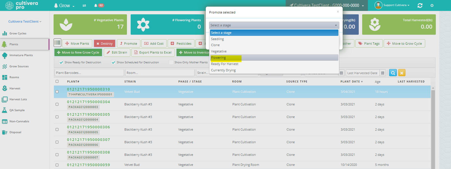 screenshot of plant promotion option in cultivera pro 