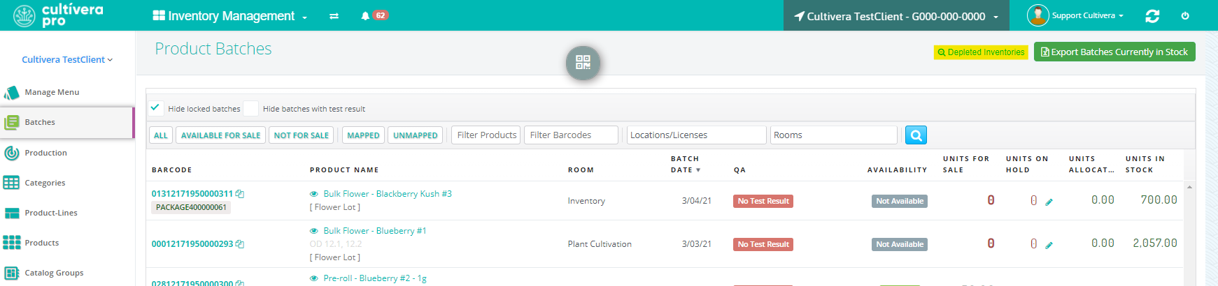 screenshot of cultivera pro Batches options