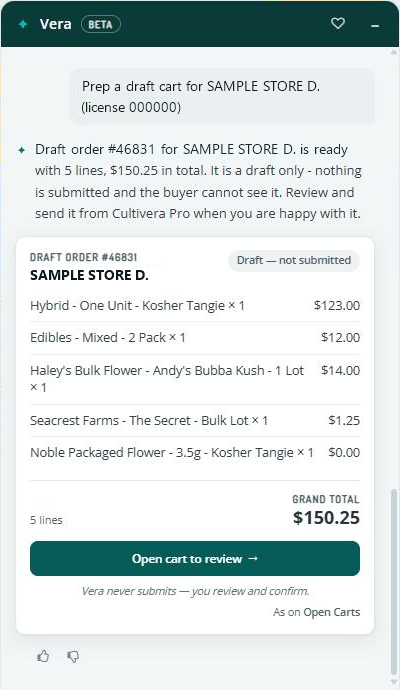 Vera draft order card labelled Draft, not submitted, with the lines, grand total and Open cart to review button