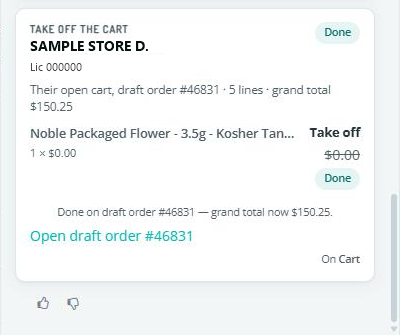 Vera Take off the cart card after Confirm, with the line and the card both marked Done