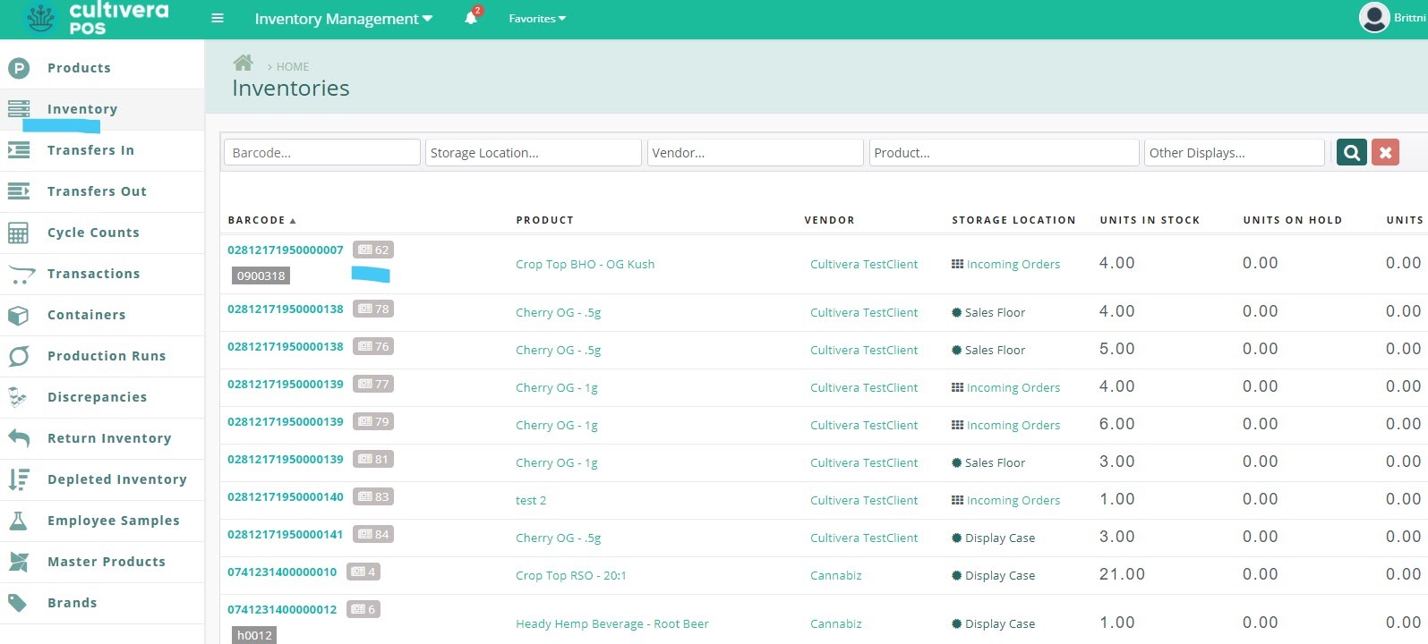 cultivera pos inventory management module screenshot