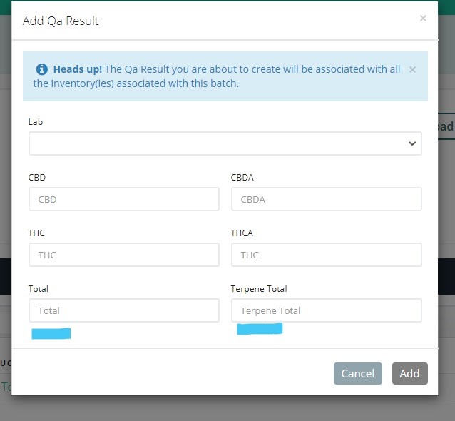 cultivera pos add QA results entry screen