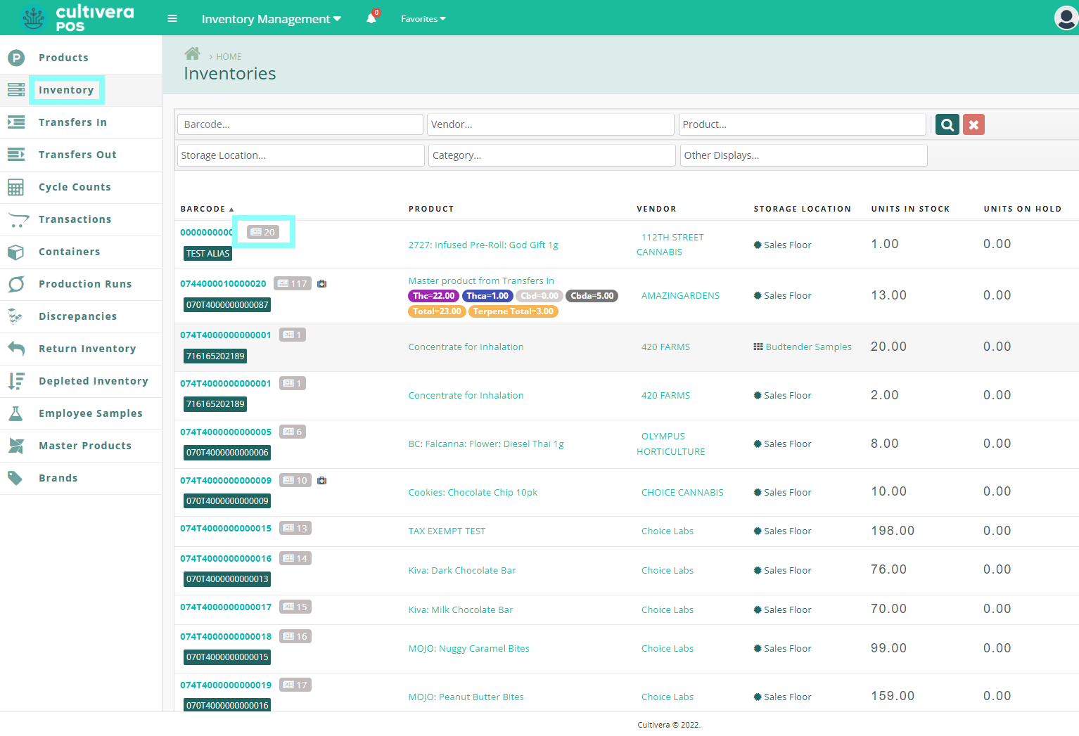 cultivera pos inventory management module screenshot