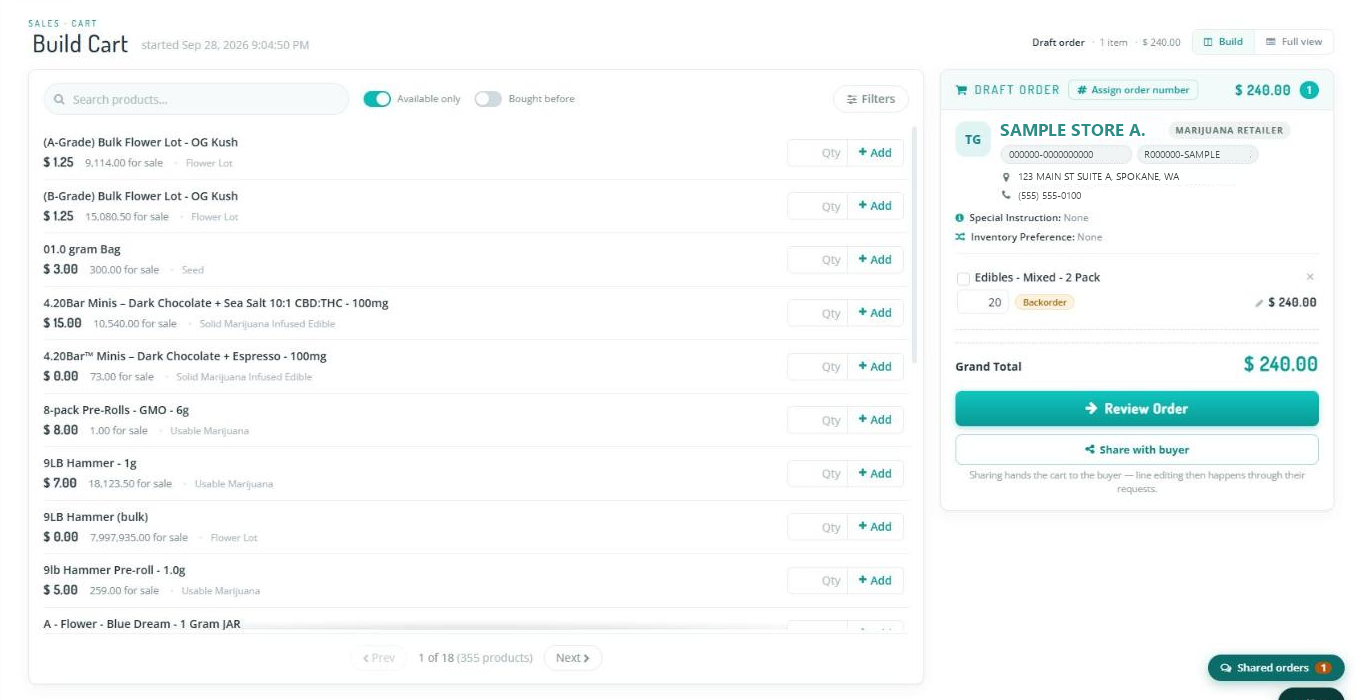 Build view of a cart: product search on the left and the cart with Review Order and Share with buyer on the right