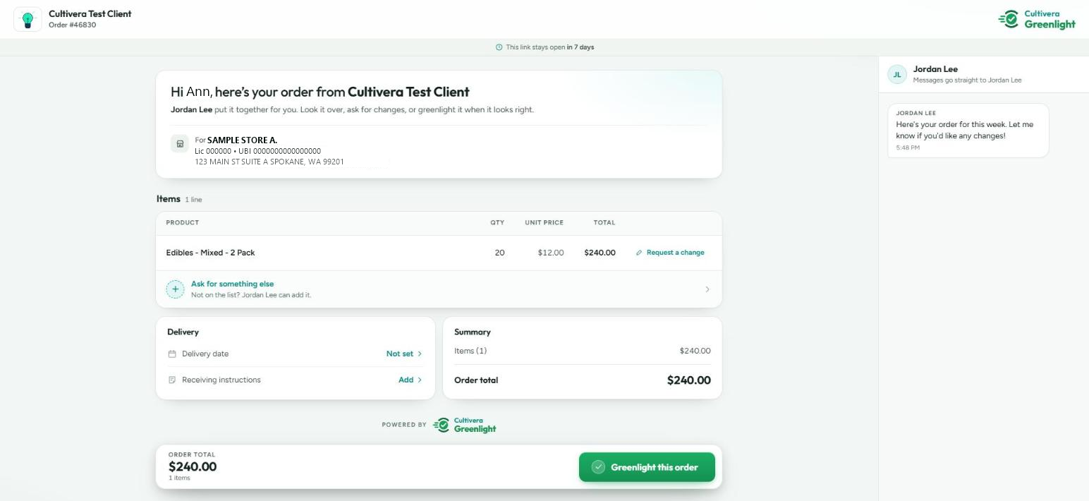 Greenlight order page as the buyer sees it, with Request a change, Ask for something else and Greenlight this order