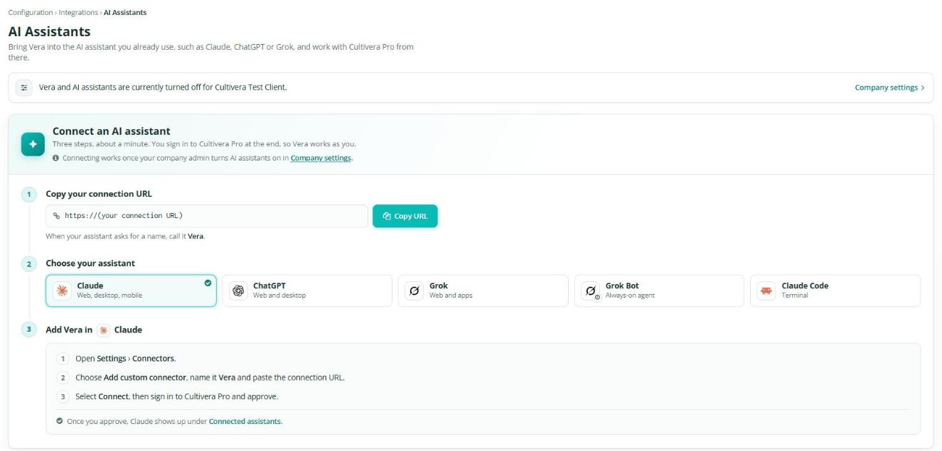 AI Assistants page with the Connect an AI assistant panel: Copy URL, assistant choices and the steps for Claude