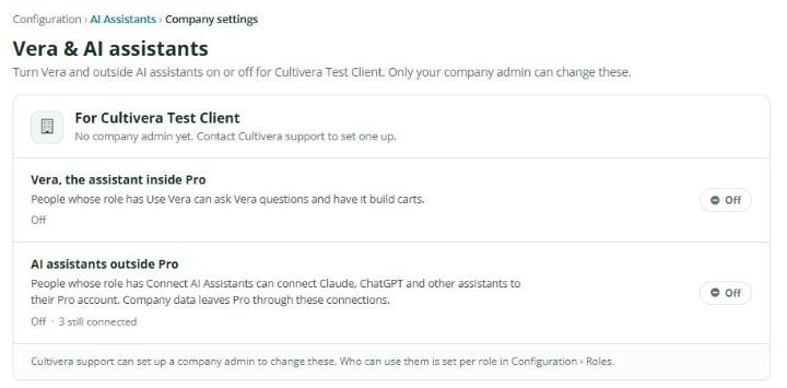 Vera & AI assistants company settings page with the two switches: Vera, the assistant inside Pro, and AI assistants outside Pro