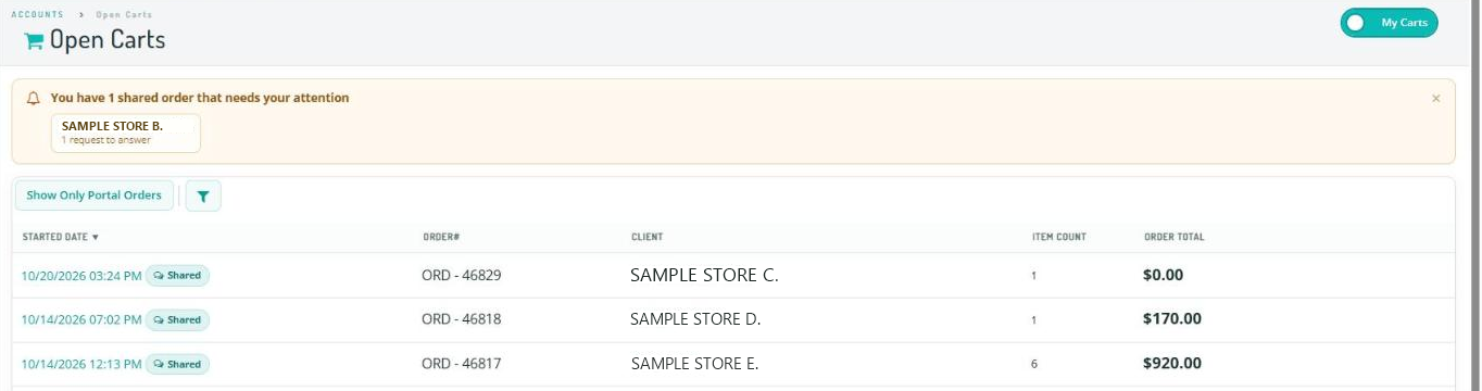 Sales > Carts list showing carts with the Shared tag