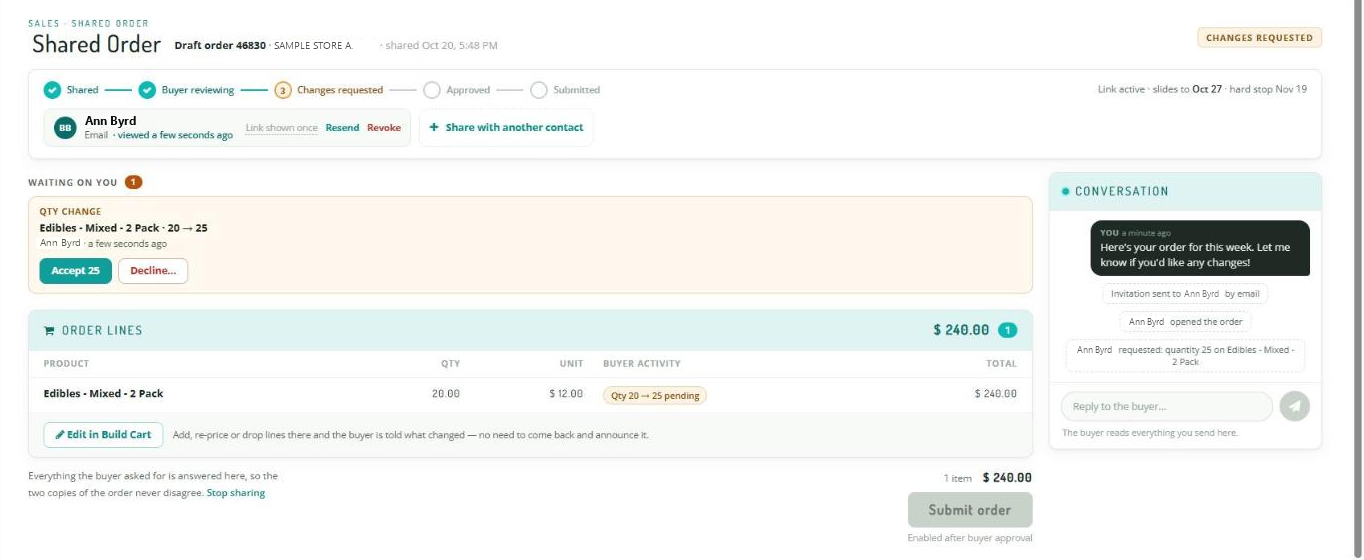 Shared Order page with progress steps, contact chip, Waiting on you card, order lines and conversation panel
