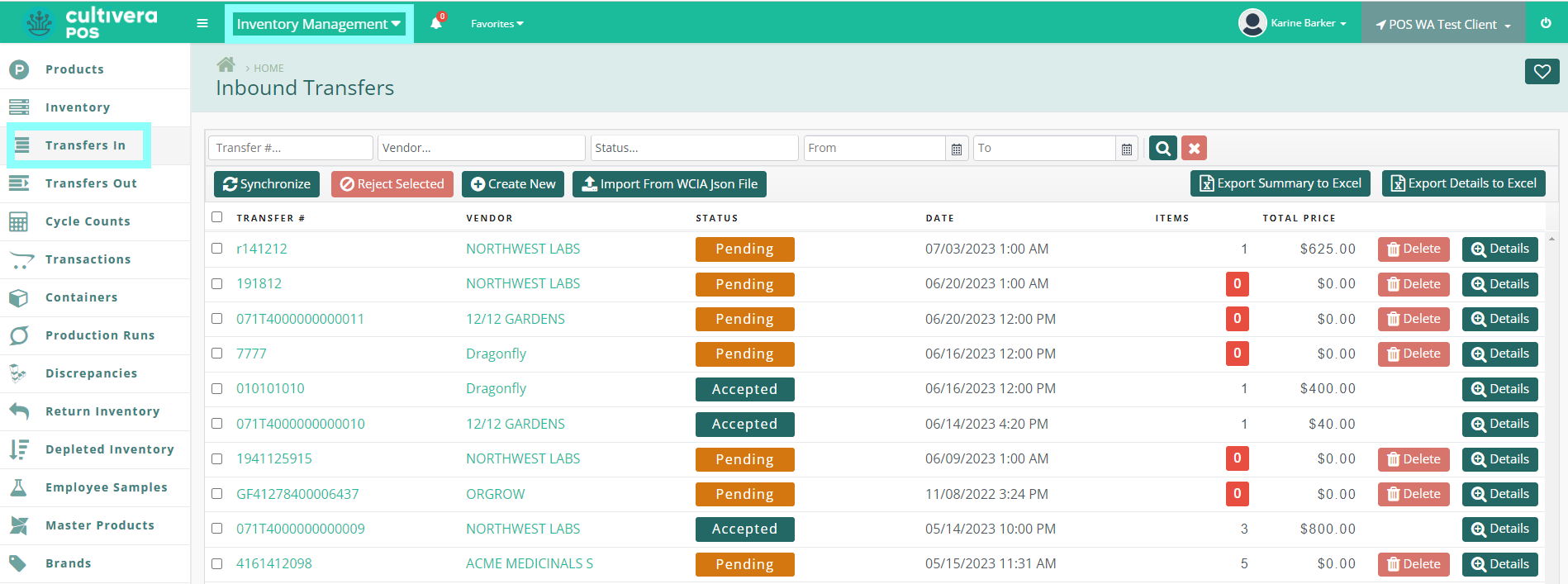 screenshot of cultivera pos inbound transfers screen