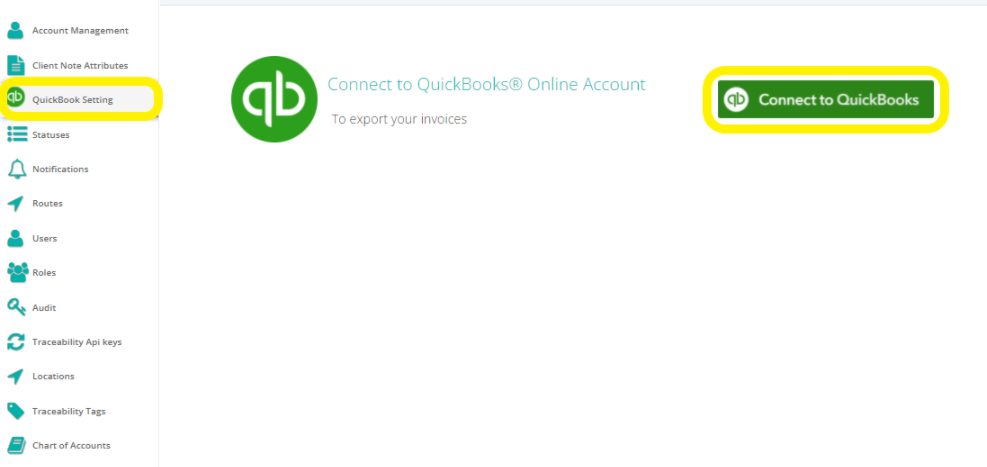 Cultivera Pro QuickBooks Setting page with connect buttons highlighted