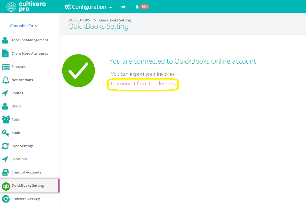 Cultivera PRO QuickBooks Online integration page, with Disconnect button highlighted