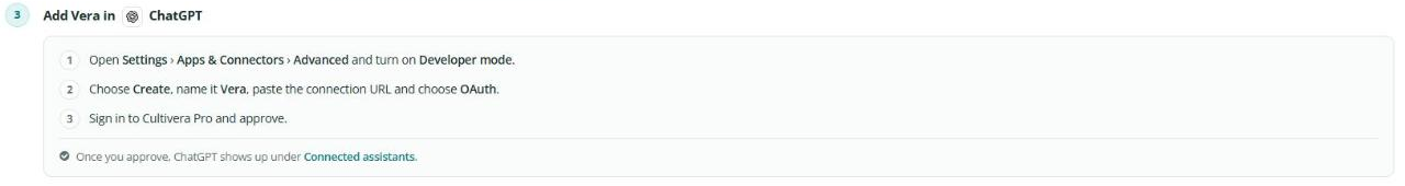 ChatGPT selected on the AI Assistants page, with the steps to add Vera in ChatGPT developer mode