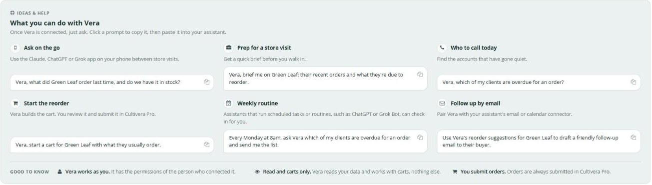 What you can do with Vera section on the AI Assistants page, with example prompts you can copy