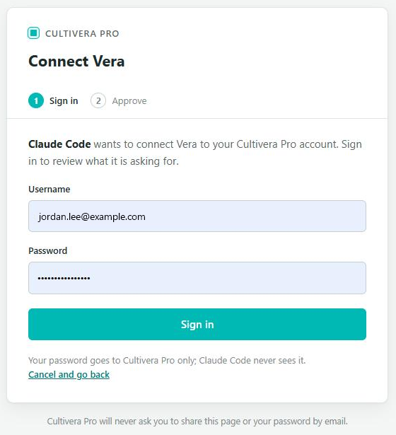 Connect Vera sign-in page in Cultivera PRO, step 1 of 2, asking for your Cultivera PRO username and password