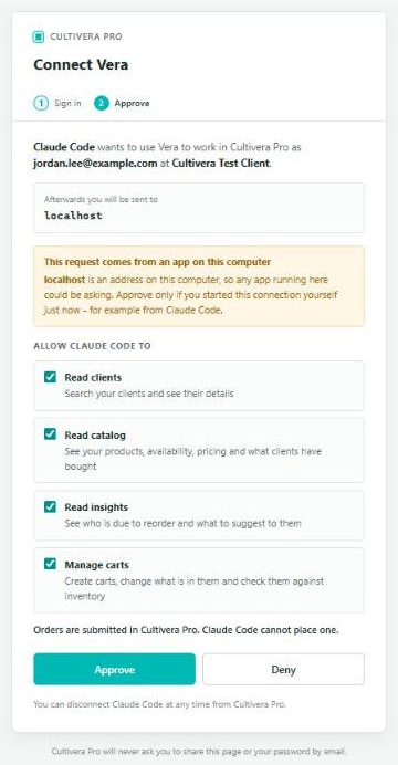 Connect Vera approval page, step 2 of 2, showing the requesting assistant, the account it will work as, its four permissions and the Approve and Deny buttons