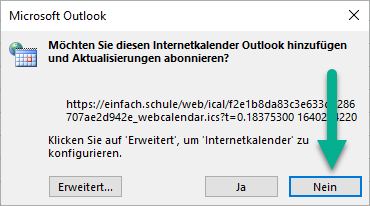 Modal Microsoft Outlook | Kalender nicht abonnieren