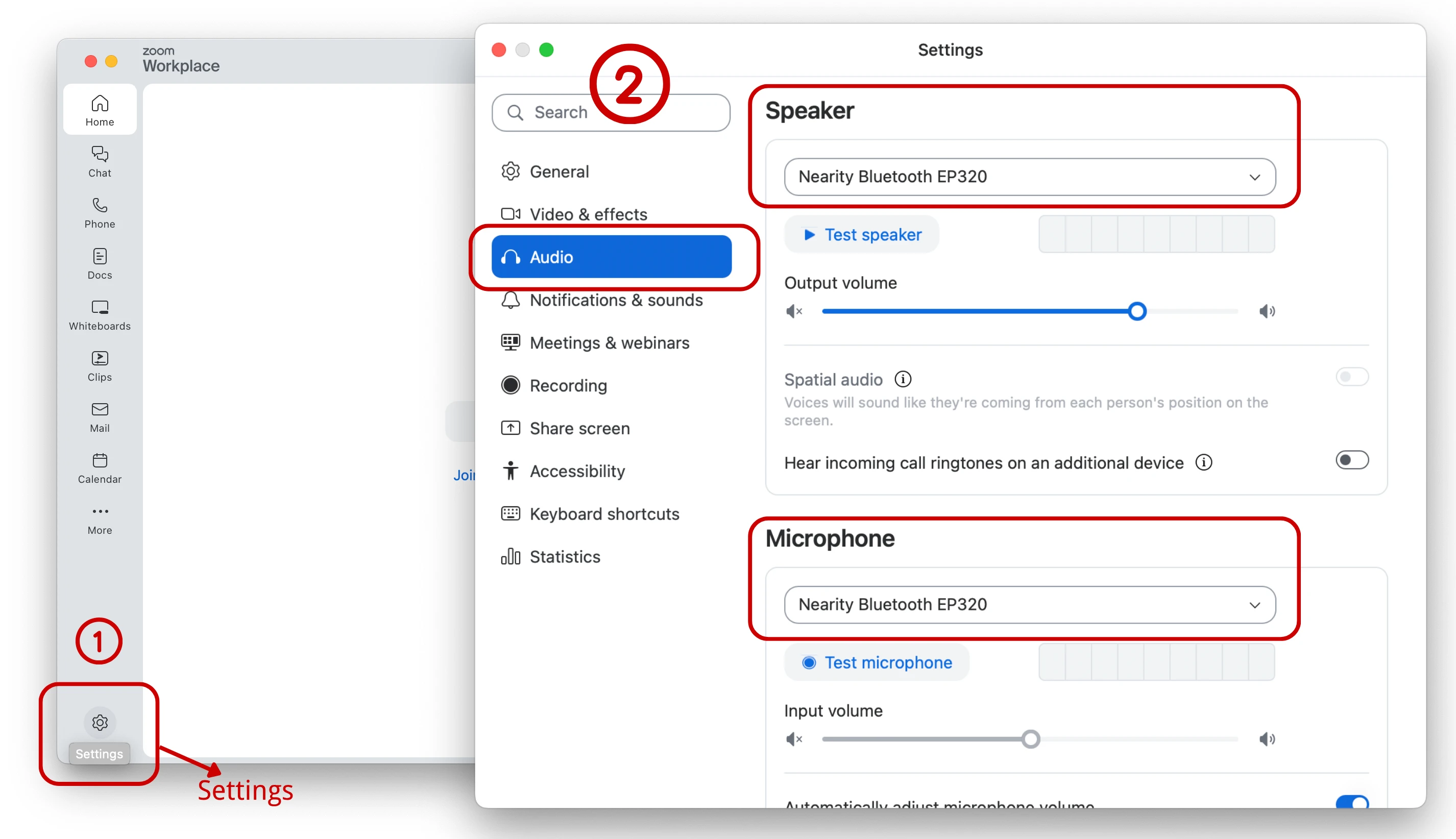 Select Nearity EP320 as speaker and microphone in audio settings