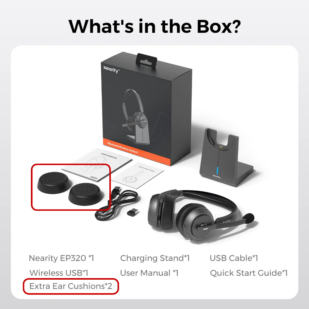 An infographic titled "What's in the Box?" displaying the Nearity EP320 Bluetooth headset, charging stand, USB cable, wireless USB dongle, manuals, and an additional pair of ear cushions.