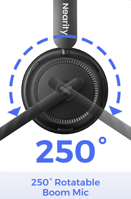 An infographic illustrating that the boom microphone on the Nearity headset can be rotated 250 degrees, as indicated by the overlaying dashed blue arch and "250° Rotatable Boom Mic" text.
