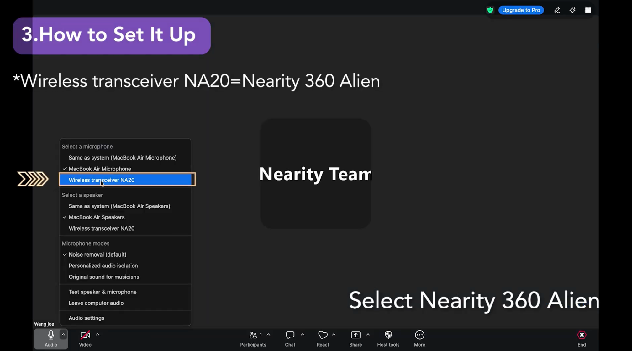 Microphone and speaker menus in a meeting application.