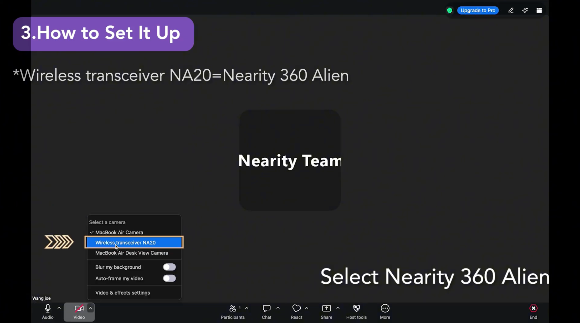 Camera menus in a meeting application.