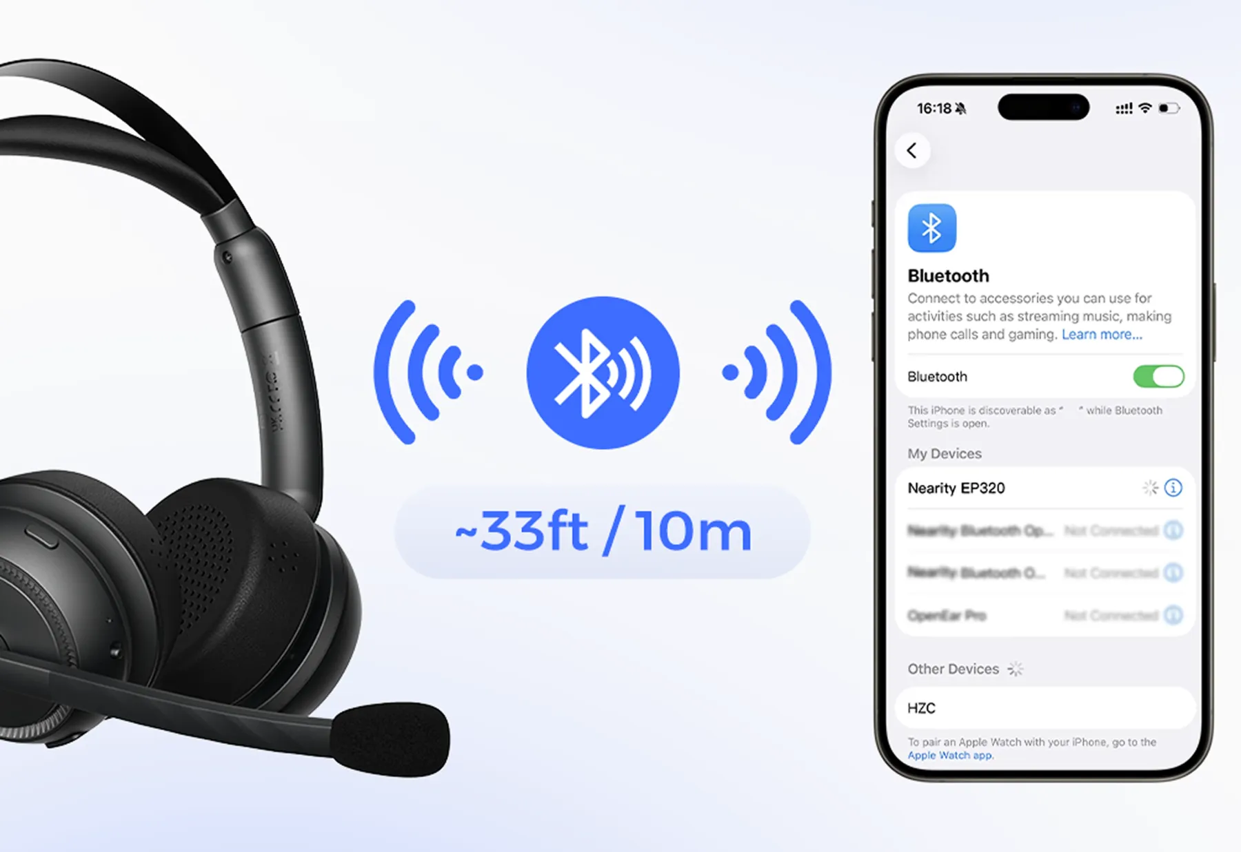 A graphic showing a wireless headset connecting to an iPhone via Bluetooth, with a wireless range of ~33ft / 10m.