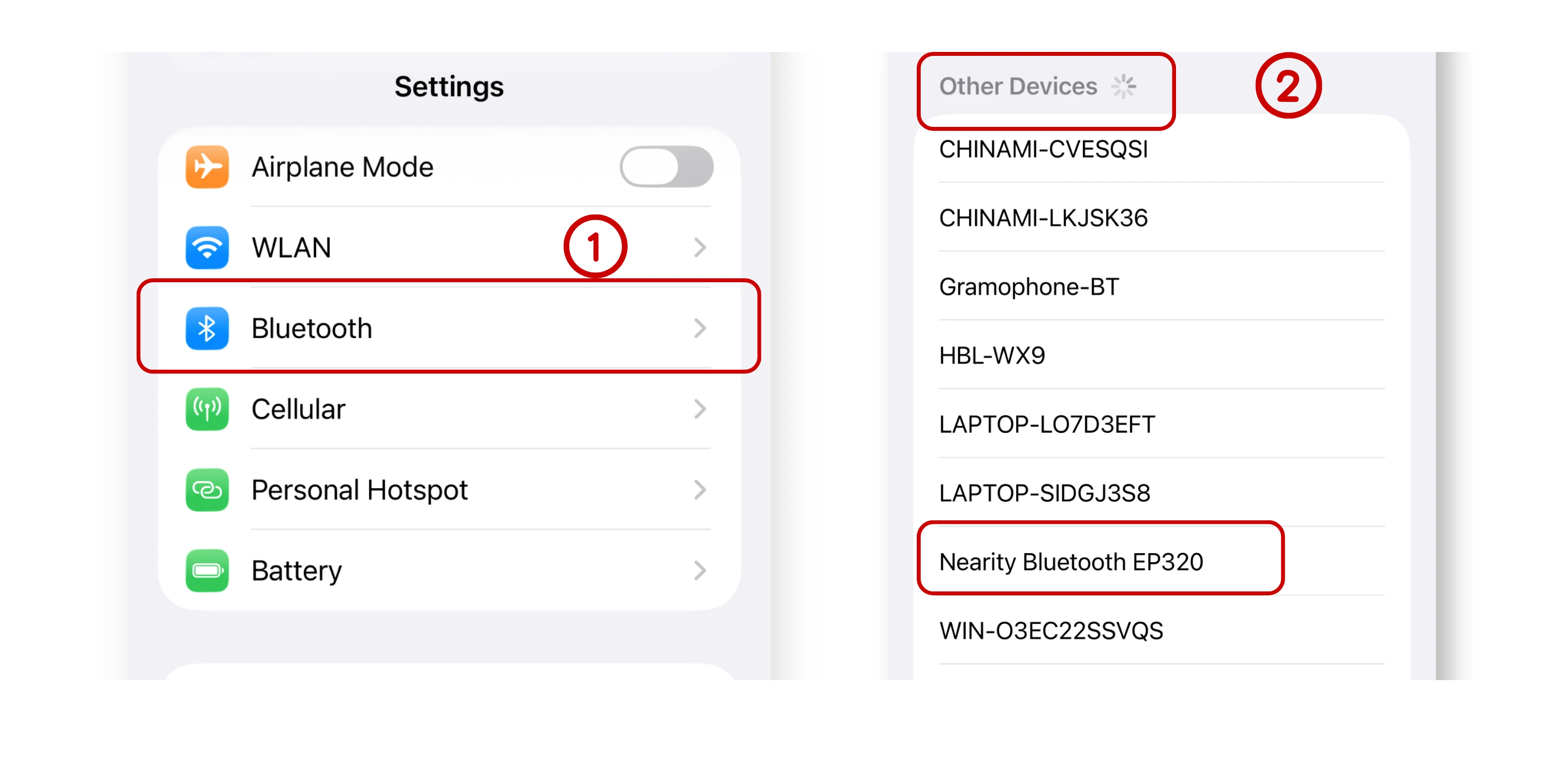 Step-by-step phone settings guide showing how to select Bluetooth and pair with Nearity Bluetooth EP320 under Other Devices.