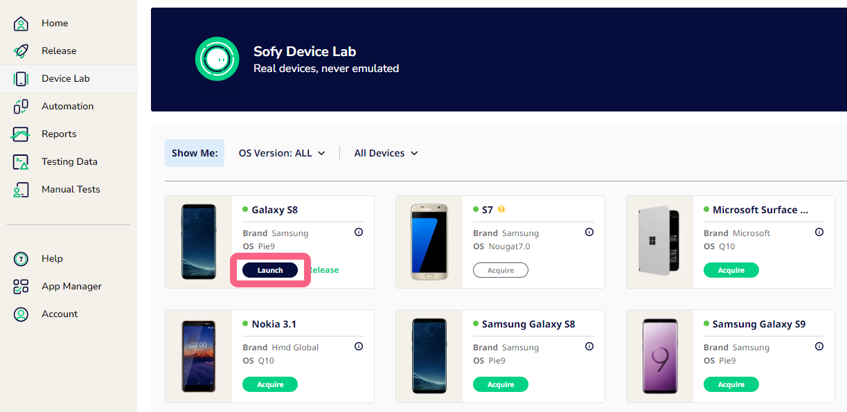 The Device Lab page with a callout over the Launch button under an acquired device. 