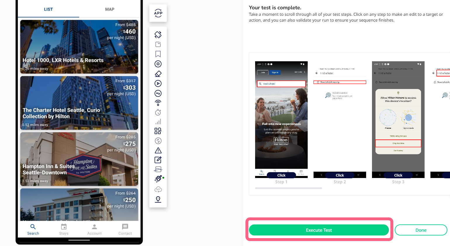 Review recorded steps page with a callout over the Execute Test button. 