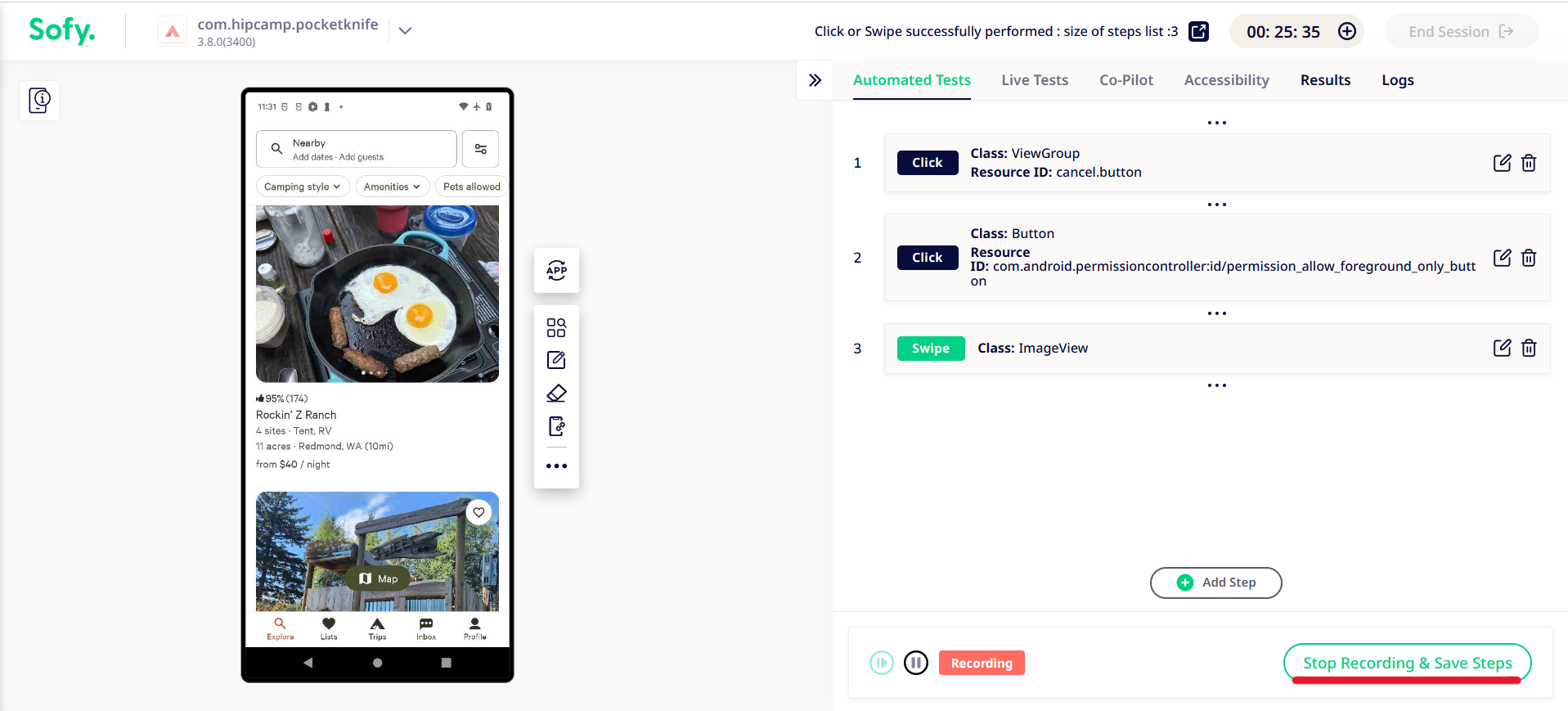 Device Lab page with a callout over the Stop Recording and Save Steps button. 