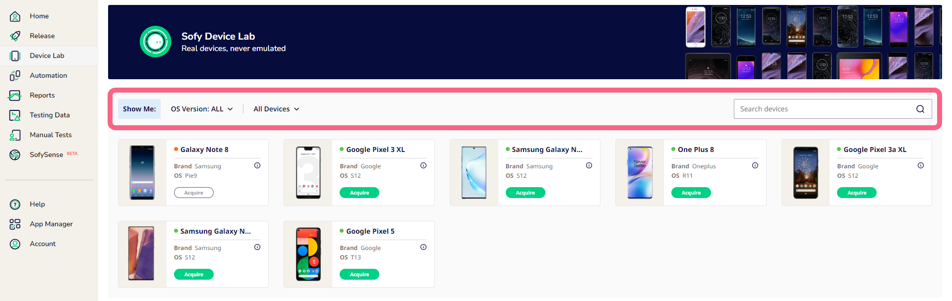 Device Lab page with a callout over the filter and search options.