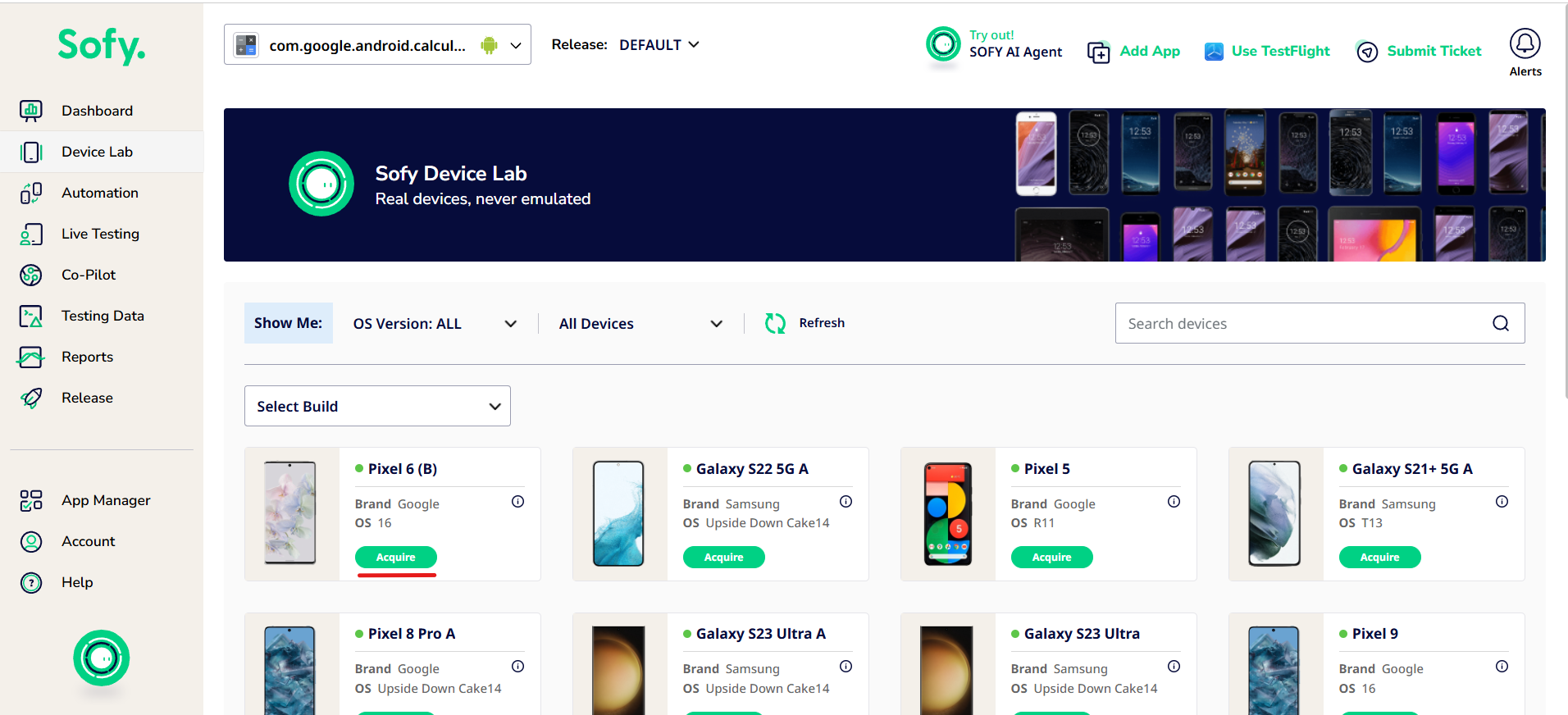 Device Lab page with a callout over the Acquire button under a device.
