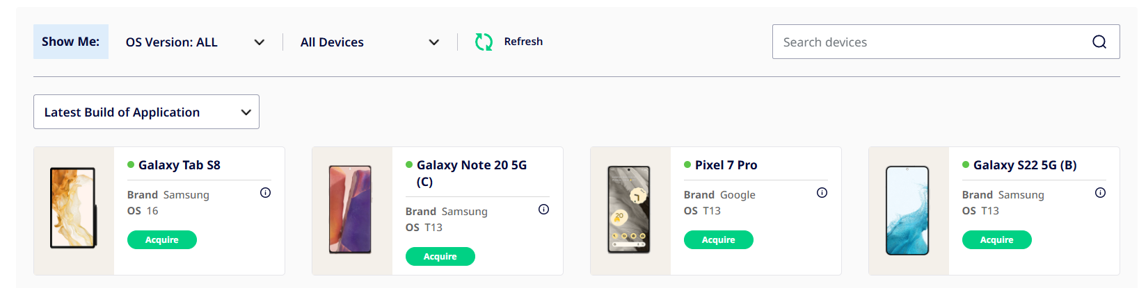 Device Lab page with a callout over the filter and search options.