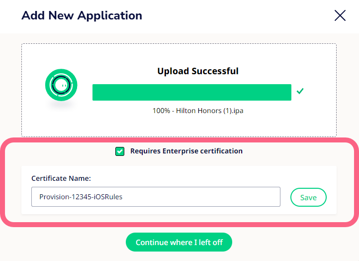 Add New Application modal window with a callout over the Enterprise Certification settings.