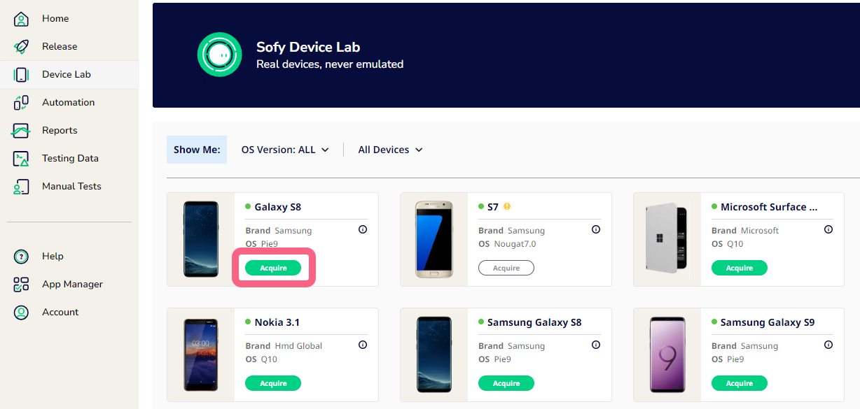 Device Lab page with a callout over the Acquire button under a device. 