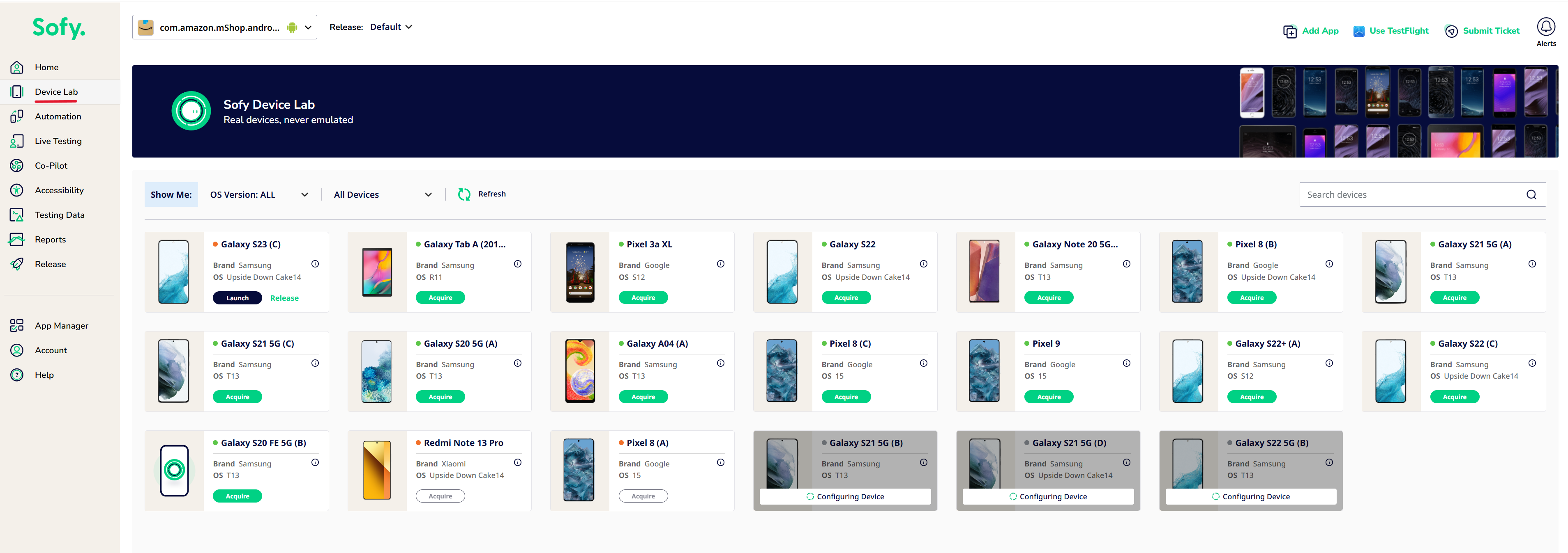 Sofy home page with a callout over the Device Lab option in the left navigation bar. 