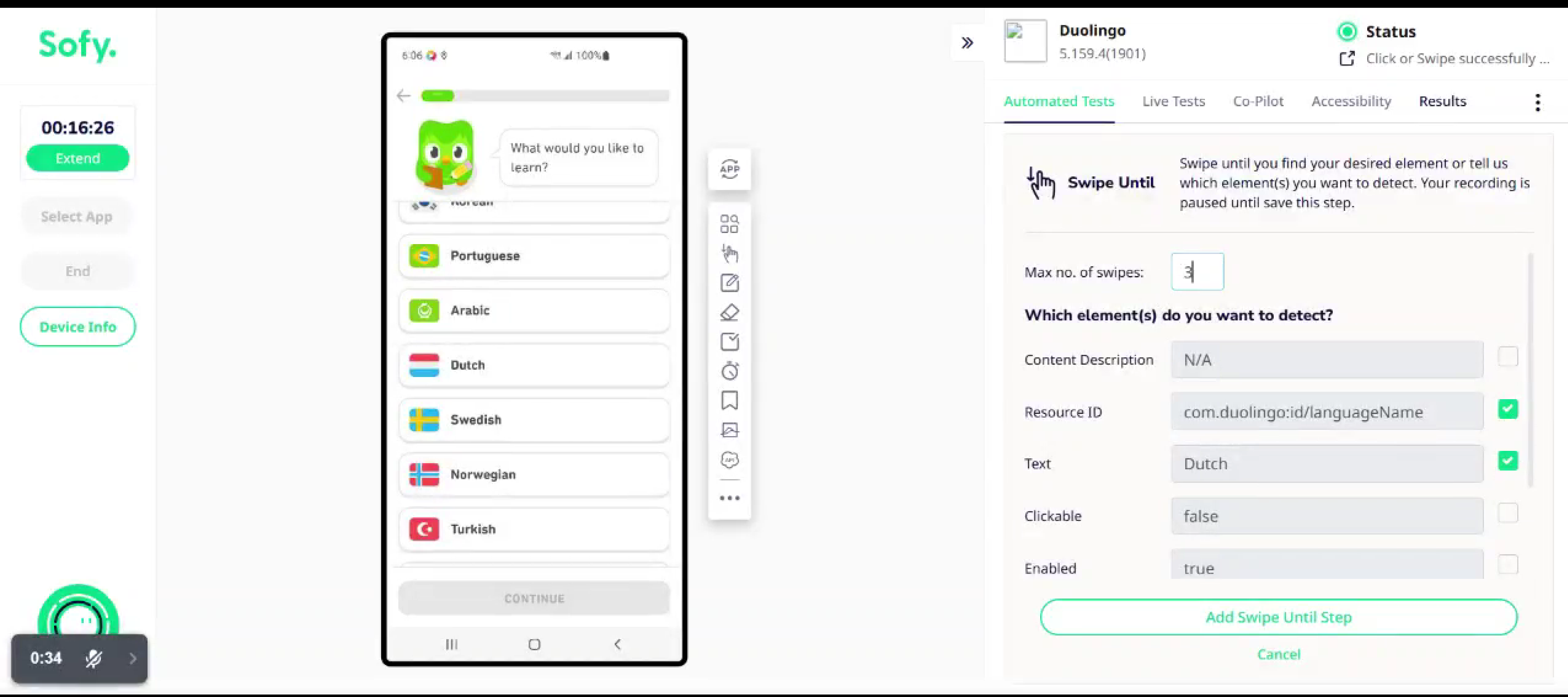 Highlighting the UI for the Swipe Until button exhibiting Maximum Number of Swipes field as well as Element Attribute fields to select stopping-condition element.