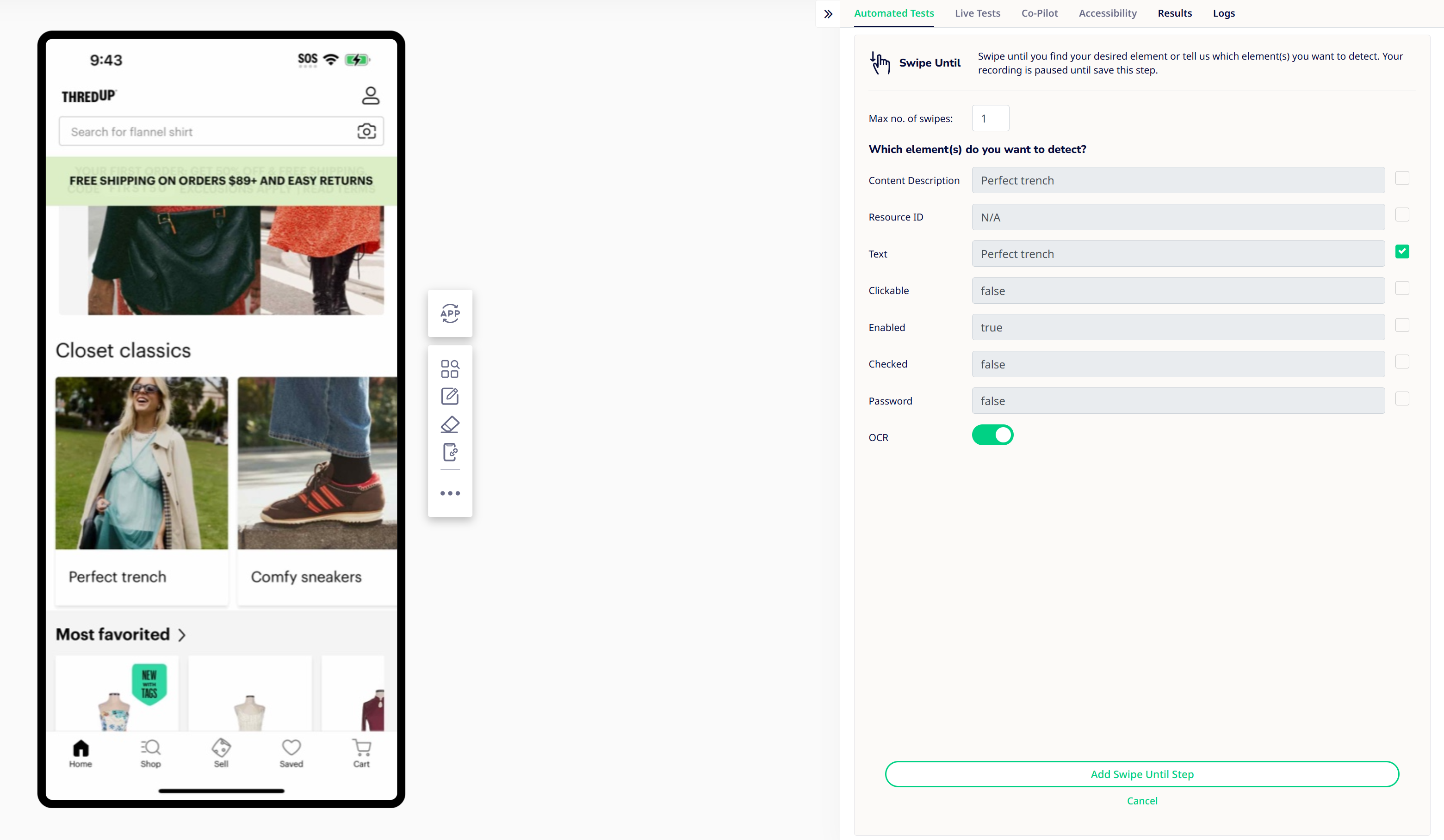 Highlighting the UI for the Swipe Until button exhibiting Maximum Number of Swipes field as well as Element Attribute fields to select stopping-condition element.