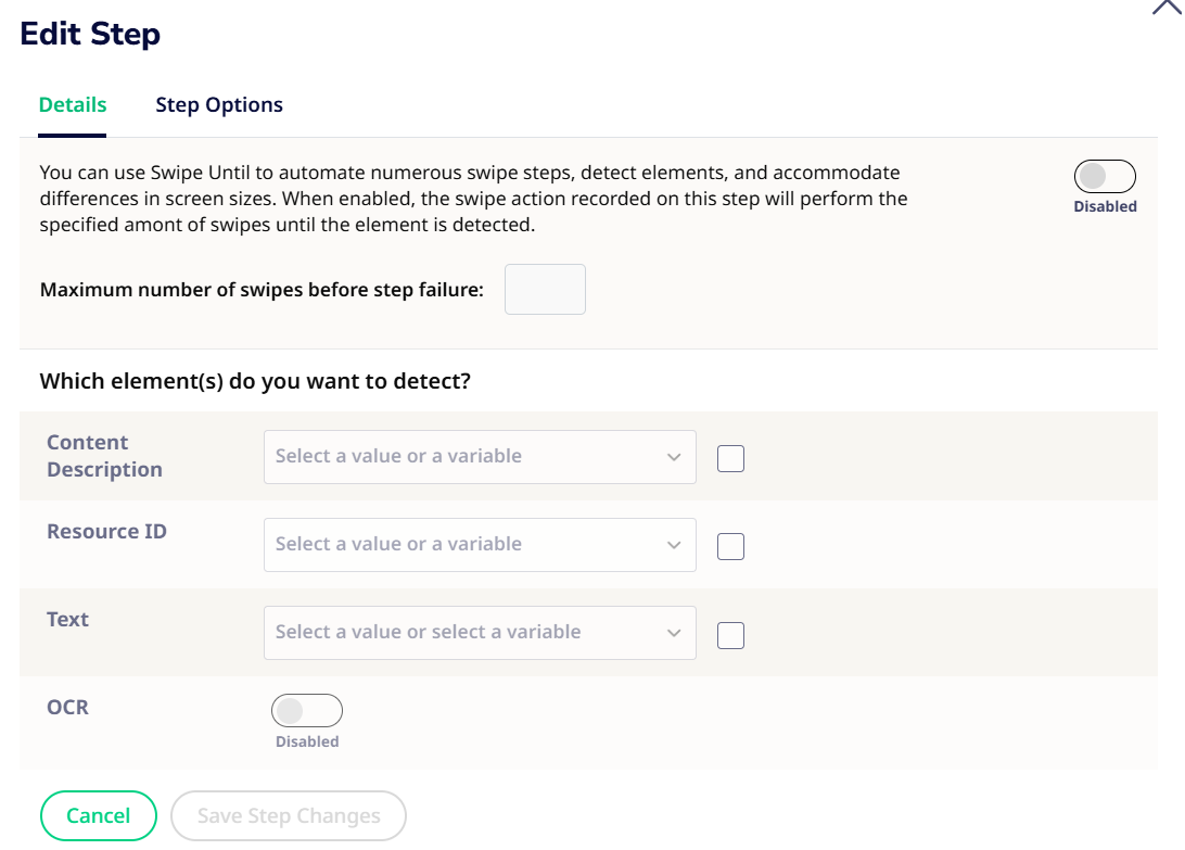 Highlighting the UI for the Swipe Until button exhibiting Maximum Number of Swipes field as well as Element Attribute fields to select stopping-condition element.