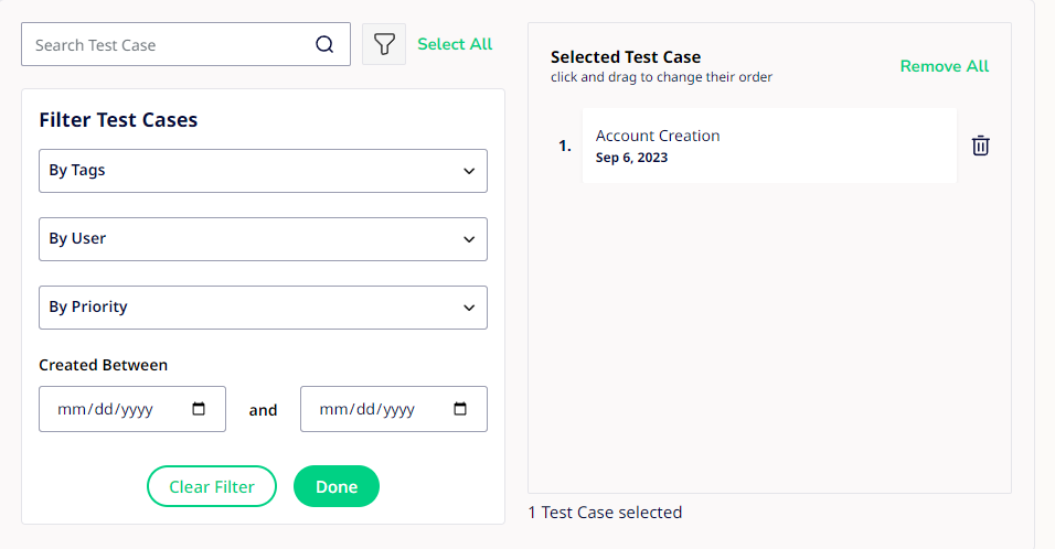 Test cases filter options.