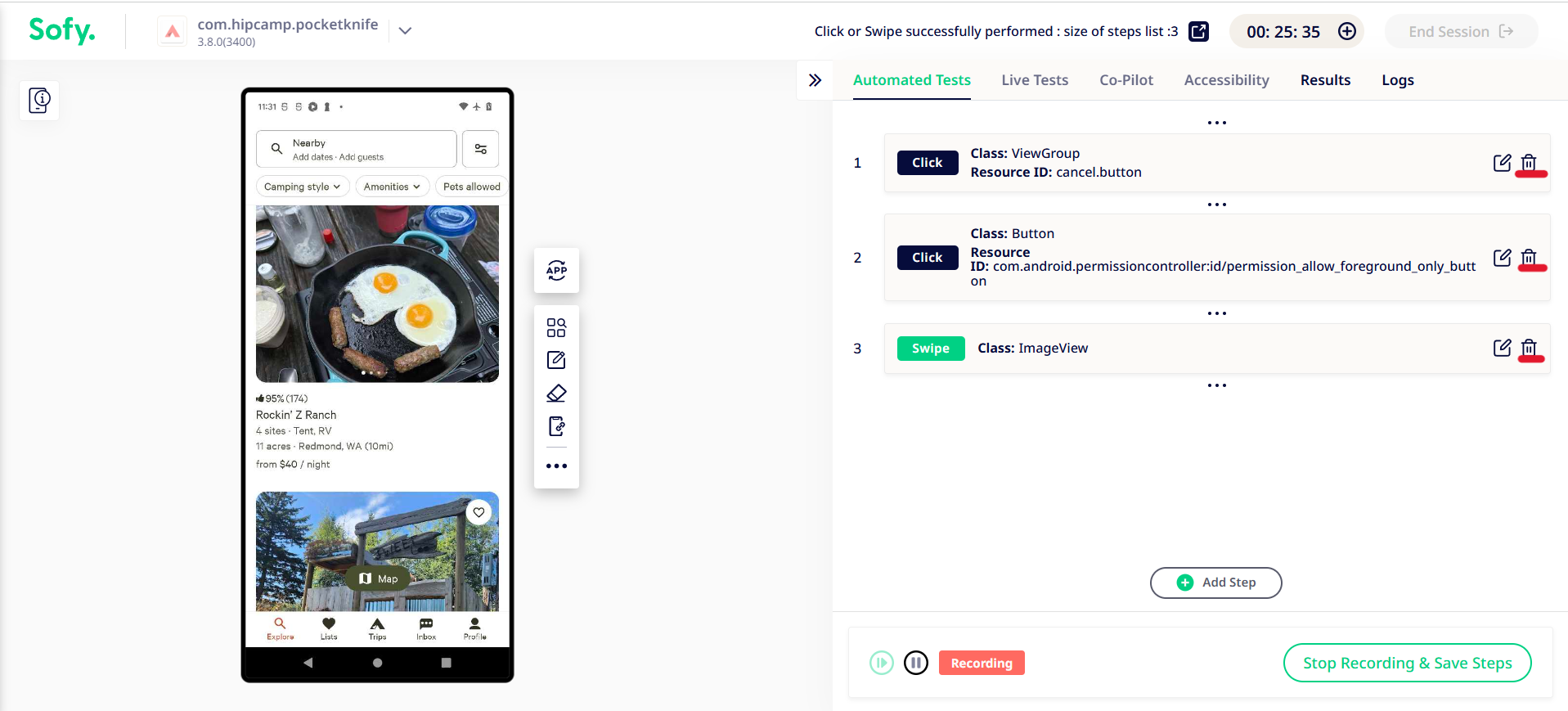 Highlighting the recorded actions showing under Automated Tests tab. For each action, you will observe a Trash-Bin icon on the corner-right.