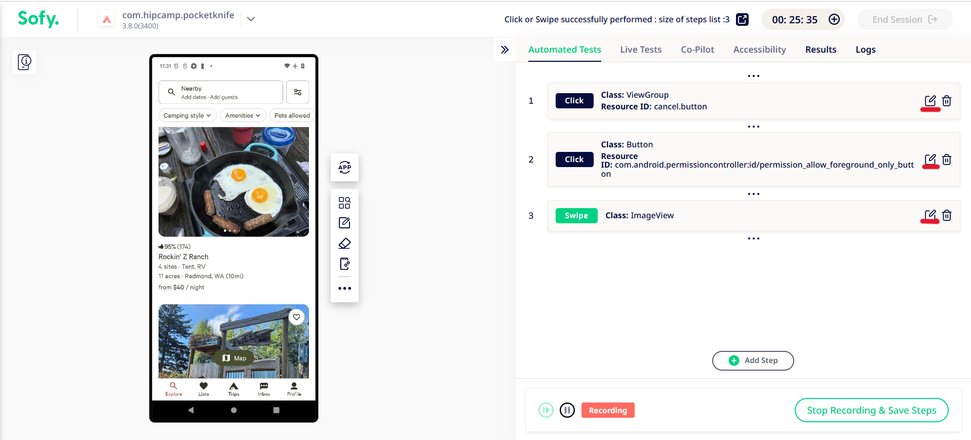 Highlighting the recorded actions showing under Automated Tests tab. For each action, you will observe a pencil icon on the corner-right.