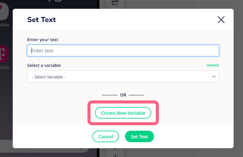 Set Text modal window with a callout over the Create New Variable button.