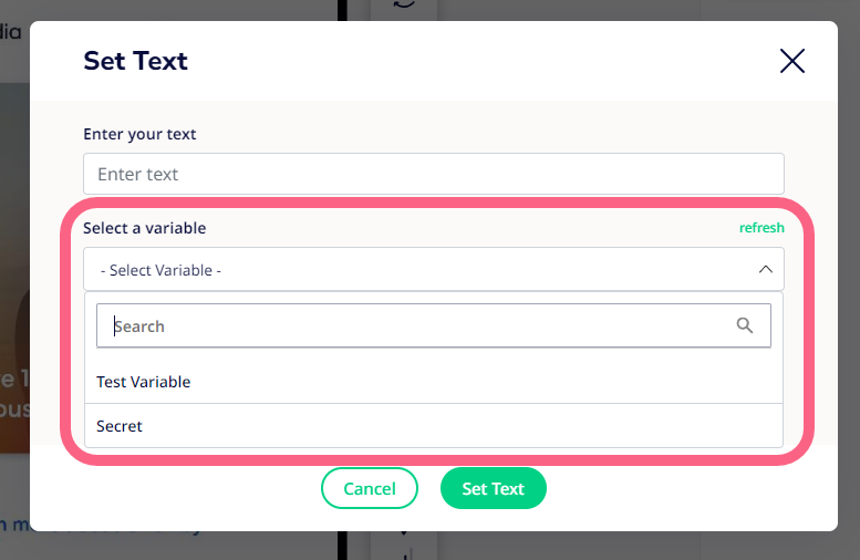 Set Text modal window with a callout over the Select a Variable option. 