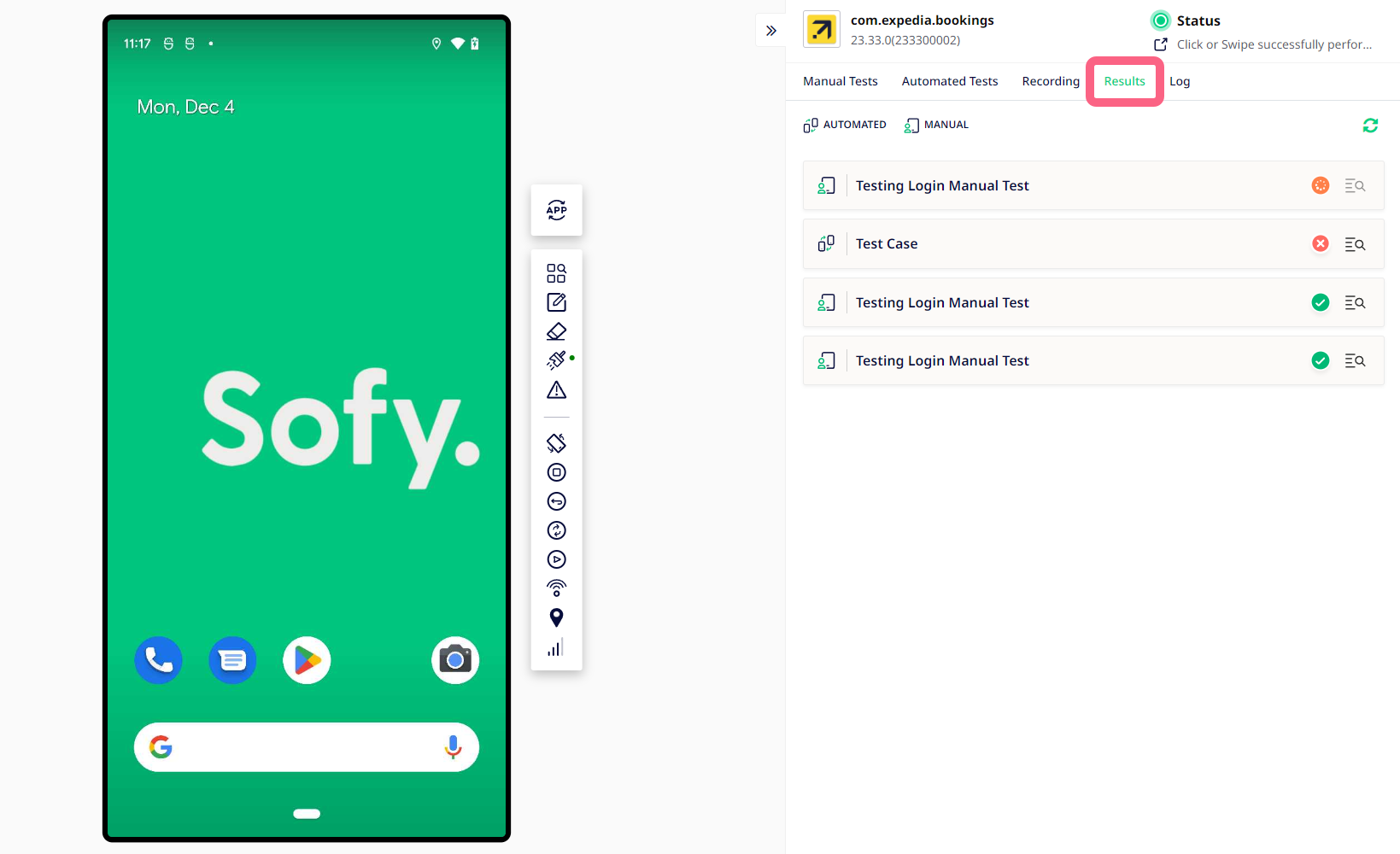 Device Lab testing with a callout over the Results tab. 