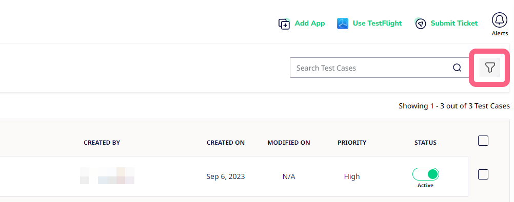 Test cases page with callout over the filter button at far right. 
