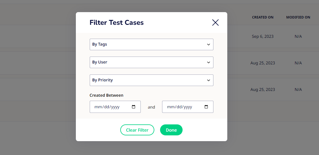 Filter Test Cases modal window. 