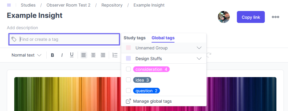 Tags menu for insight